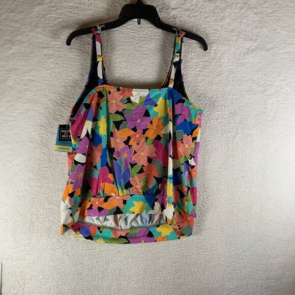 Swim Solutions Blouson Underwire Tankini Top Women 24W Multi Floral Shirred Neck - Picture 2 of 5